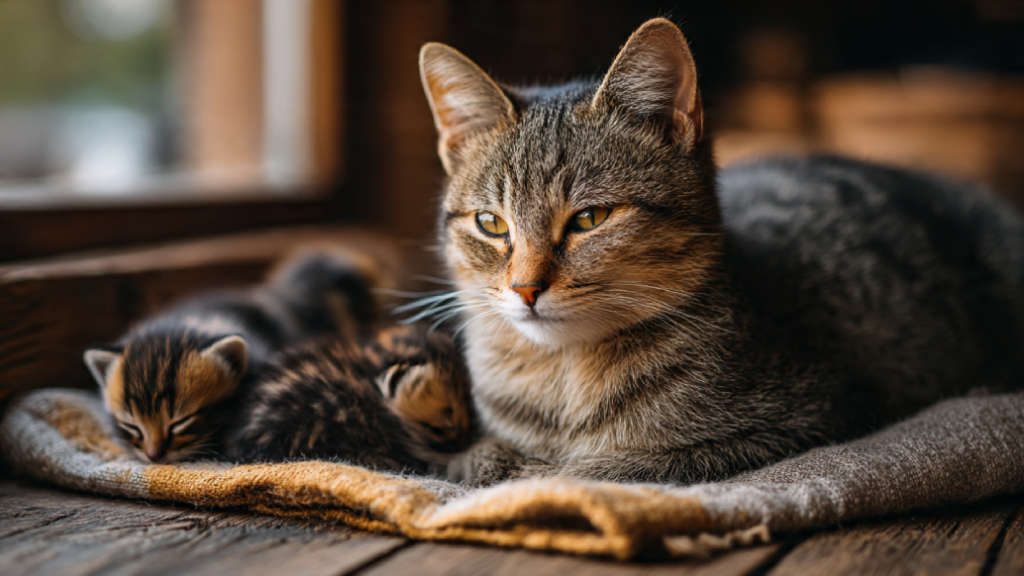 Maman chat allongée sur une couverture près d’une fenêtre, entourée de ses chatons endormis dans un intérieur chaleureux.