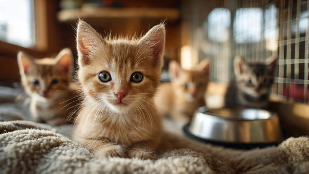 Chatons dans un refuge animalier, installés sur une couverture douce avec une gamelle d’eau en premier plan, derrière une grille de sécurité.