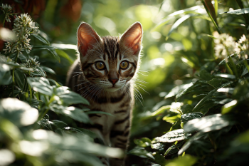 Chaton tigrĂ© dans un jardin verdoyant, regardant lâobjectif, entourĂ© de feuilles et baignĂ© de lumiĂšre naturelle.