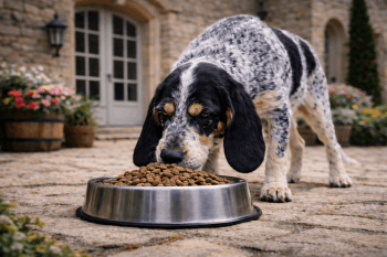 Chien : Photos prix d'un Griffon Bleu de Gascogne qui mange des croquettes