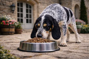 Chien : Photos prix d'un Griffon Bleu de Gascogne qui mange des croquettes