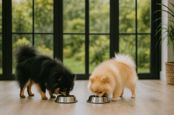 Chien : Photos prix d'un Loulou de Poméranie qui mange des croquettes