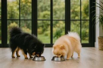 Chien : Photos prix d'un Loulou de Poméranie qui mange des croquettes