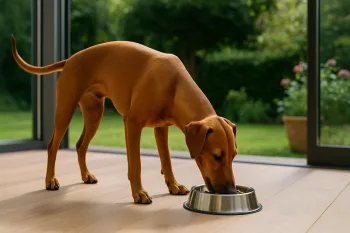 Chien : Photos prix d'un Pinscher Allemand qui mange des croquettes