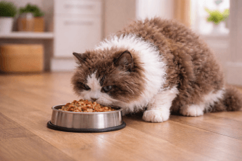 Chat : Photos prix d'un Selkirk Rex qui mange des croquettes