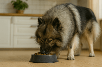 Chien : Photos prix d'un Spitz Loup (Keeshond) qui mange des croquettes