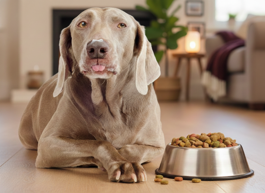 Chien allongé devant une gamelle pleine de croquettes avec la langue sortie.