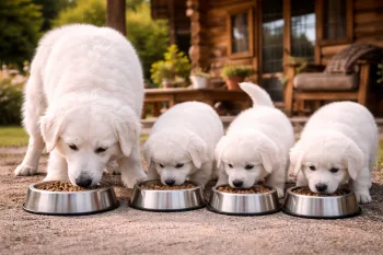 Chien : Photos prix d'un Kuvasz qui mange des croquettes