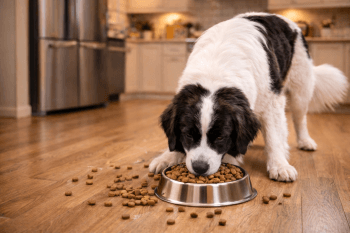 Chien : Photos prix d'un Landseer qui mange des croquettes