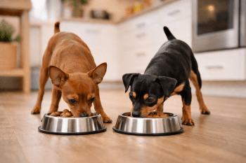 Chien : Photos prix d'un Pinscher Nain qui mange des croquettes