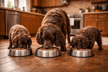 Chien : American Water Spaniel  qui mange des croquettes