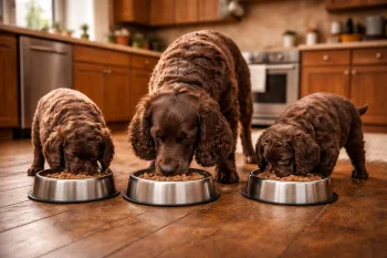 Chien : American Water Spaniel qui mange des croquettes
