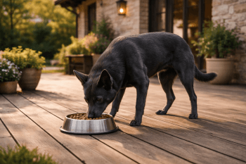 Chien : Australian Kelpie qui mange des croquettes