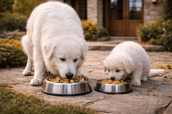 Chien : Un Berger de Maremme et des Abruzzes qui mange des croquettes