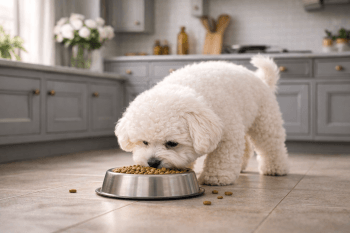 Chien : Bichon à poil frisé  qui mange des croquettes