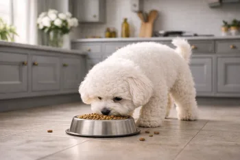 Chien : Bichon à poil frisé qui mange des croquettes