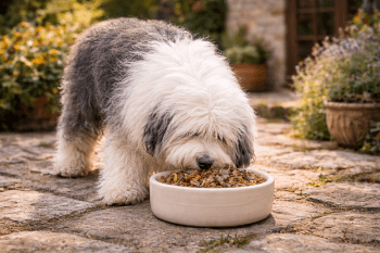 Chien : Bobtail (Old English Sheepdog) qui mange des croquettes