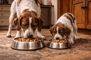 Chien : Un Braque Français de Type Pyrénées qui mange des croquettes
