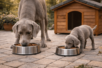 Chien : Braque de Weimar qui mange des croquettes