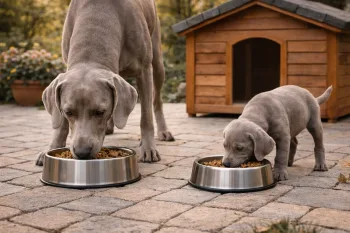 Chien : Braque de Weimar qui mange des croquettes