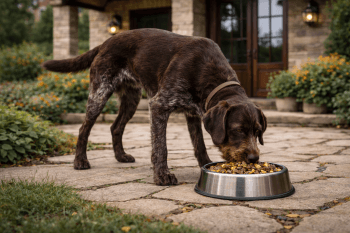 Chien : Cesky Fousek (Spinone Tchèque) qui mange des croquettes