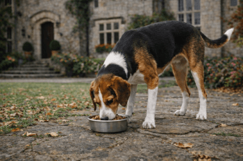Chien : Un Chien Courant Finnois qui mange des croquettes
