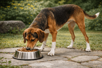Chien : Un Chien Courant de Hygen qui mange des croquettes