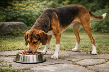 Chien : Un Chien Courant de Hygen qui mange des croquettes