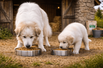 Chien : Un Chien de Montagne des Pyrénées qui mange des croquettes