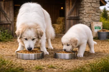 Chien : Un Chien de Montagne des Pyrénées qui mange des croquettes