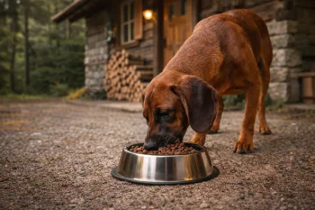 Chien : Un Chien de Rouge de Bavière qui mange des croquettes
