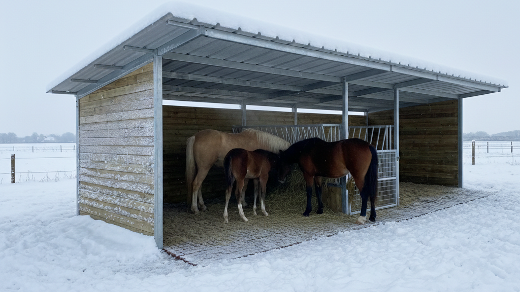 Chevaux dans un abri en bois avec sol stabilisé, mangeant du foin en hiver, dans un paddock enneigé.
