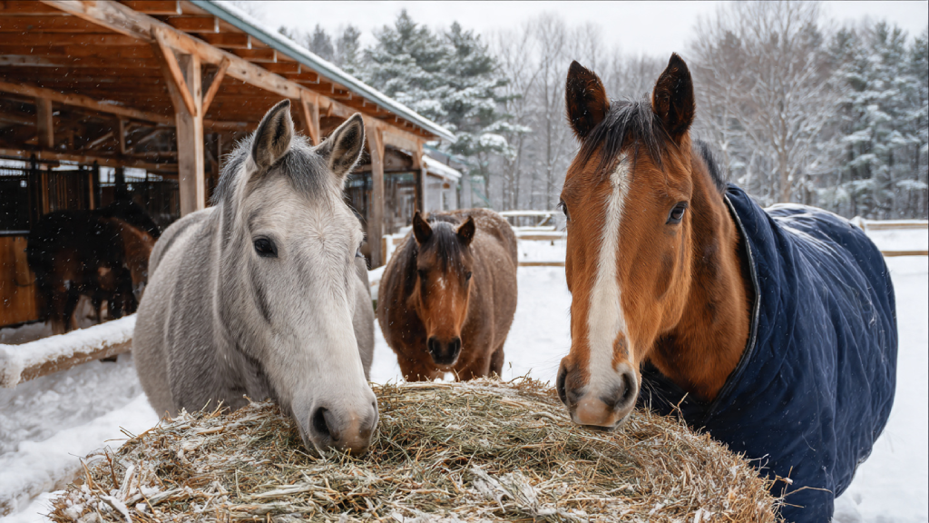 Trois chevaux en hiver, dont un avec une couverture, mangeant du foin devant un abri en bois dans un paddock enneigé.