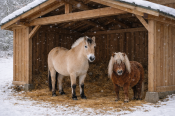 Deux poneys, un Fjord et un Shetland, sous un abri en bois dans un pré enneigé.