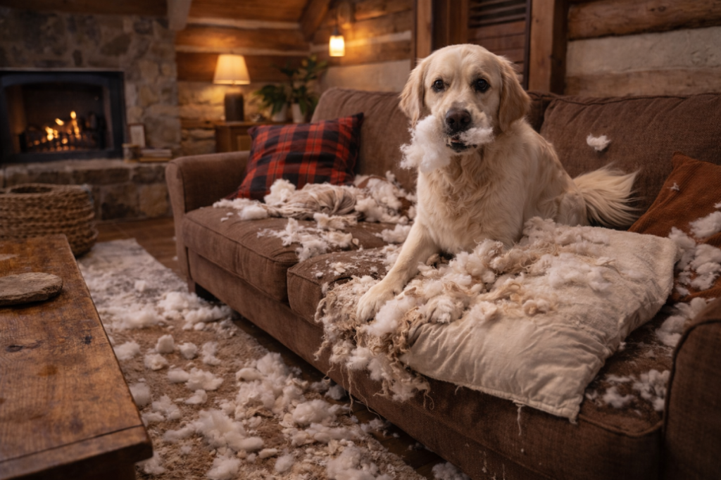 Chien surpris en train de déchiqueter un coussin sur le canapé