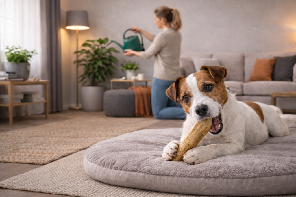 Jack Russell Terrier allongé sur un coussin, mâchant un fromage de yak pendant qu’une dog-sitter arrose les plantes dans un salon lumineux.