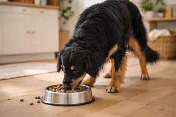 Chien : Un Hovawart qui mange des croquettes