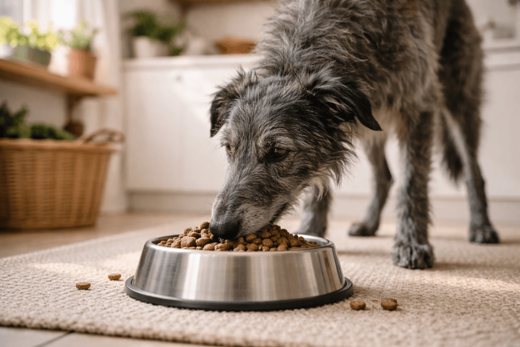 Chien : Un Lévrier Écossais qui mange des croquettes