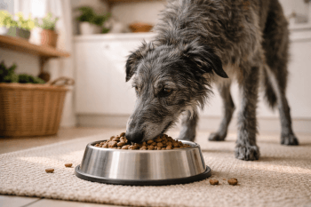 Chien : Un Lévrier Écossais qui mange des croquettes