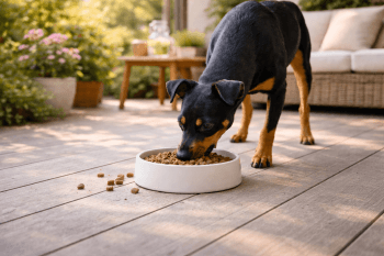 Chien : Un Manchester Terrier qui mange des croquettes