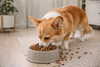Chien : Un Welsh Corgi Pembroke qui mange des croquettes