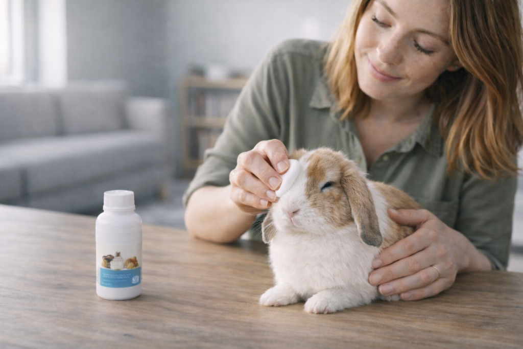 Femme nettoyant délicatement l’œil d’un lapin avec une compresse, à l’aide d’un produit vétérinaire sans ordonnance, à domicile.