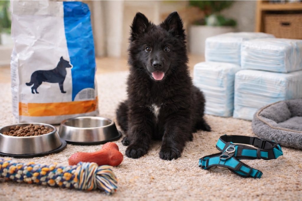 Un chiot noir à poil long assis au milieu d’un kit de démarrage : croquettes, gamelles, jouets, harnais, paquets d’alèses et couchage, posés sur un tapis beige dans un salon lumineux.