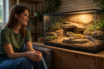 Femme observant un gecko léopard (Eublepharis macularius) dans un terrarium semi-désertique aménagé.
