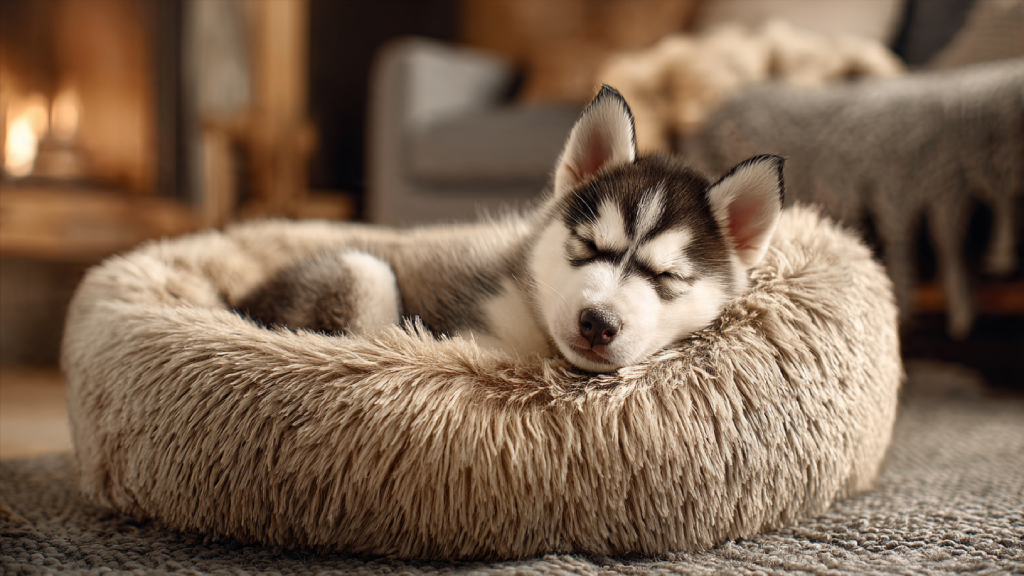 Chiot husky endormi dans un panier en fausse fourrure beige, dans un intérieur cosy avec une cheminée en arrière-plan.