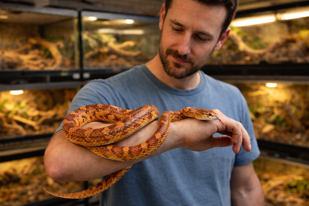 Éleveur manipulant un serpent des blés (Pantherophis guttatus) dans un élevage spécialisé en reptiles.