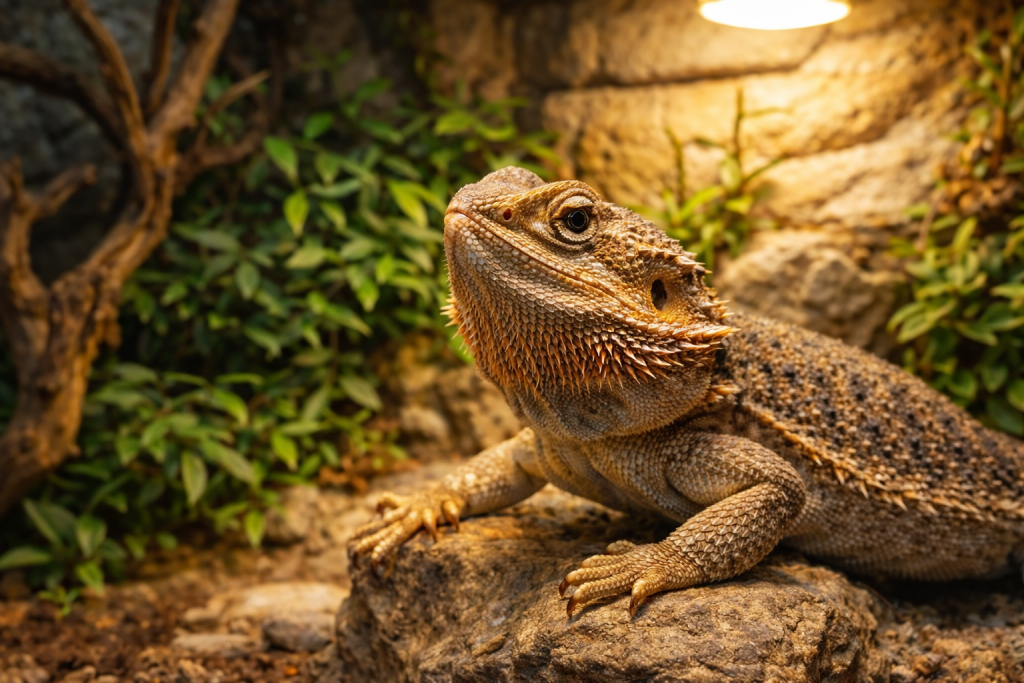 Dragon barbu (Pogona vitticeps) dans un terrarium désertique bien aménagé, reptile adapté aux débutants.