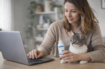 Femme utilisant un ordinateur portable à domicile avec son chat, tenant un produit de soin vétérinaire sans ordonnance.