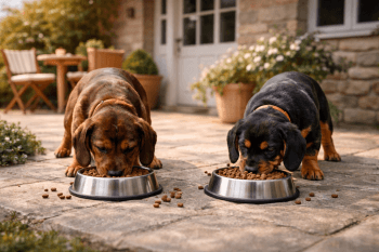 Chien : Un Basset des Alpes qui mange des croquettes