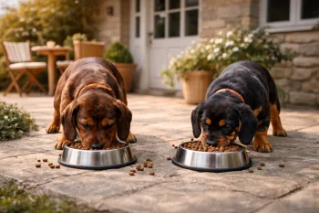 Chien : Un Basset des Alpes qui mange des croquettes